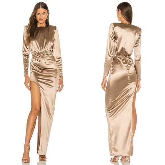 NWT Bronx & Banco gold satin stretch Farrah chain belt high slit maxi dress gown - Picture 1 of 8